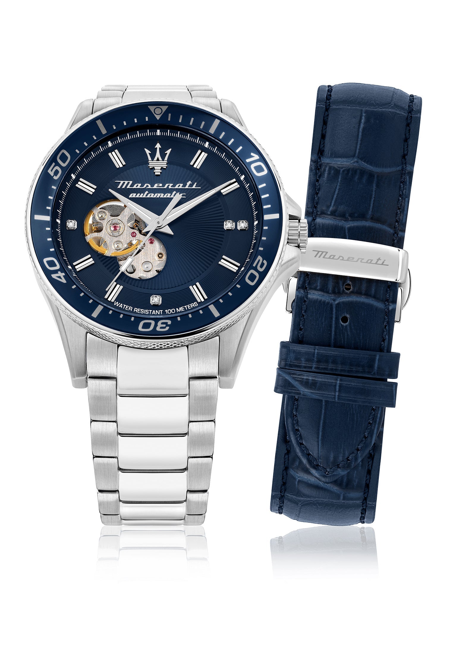  Shop Authentic Maserati SFIDA Automatic Skeleton Blue Dial Silver Steel Strap Watch For Men - R8823140007 - Luxxuri