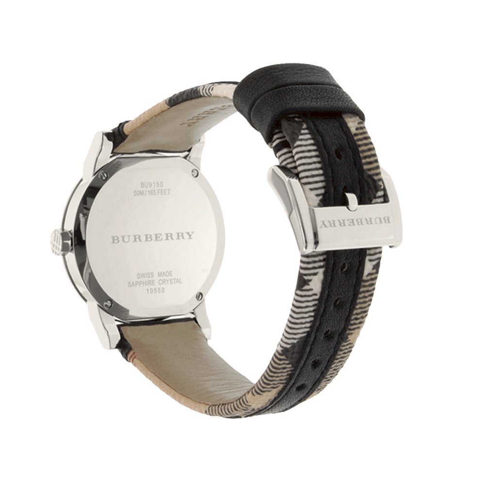  Shop Authentic Burberry The City White Dial Black Haymarket Leather Strap Watch for Women - BU9150 - Luxxuri