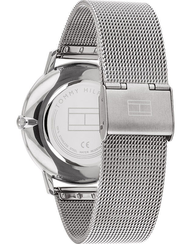  Shop Authentic Tommy Hilfiger Spencer Skeleton Black Dial Silver Mesh Bracelet Watch for Men - 1791643 - Luxxuri