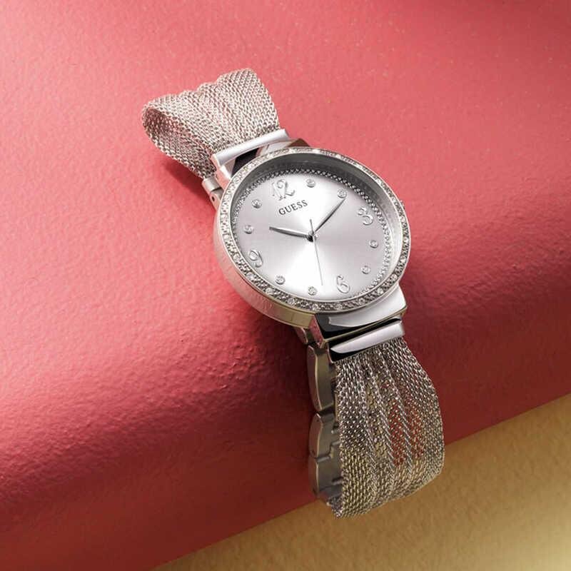  Shop Authentic Guess Chiffon Silver Dial Silver Mesh Bracelet Watch For Women - W1083L1 - Luxxuri