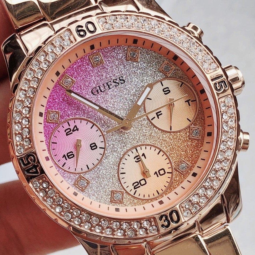  Shop Authentic Guess Confetti Pink Dial Rose Gold Steel Strap Watch For Women - W0774L3 - Luxxuri