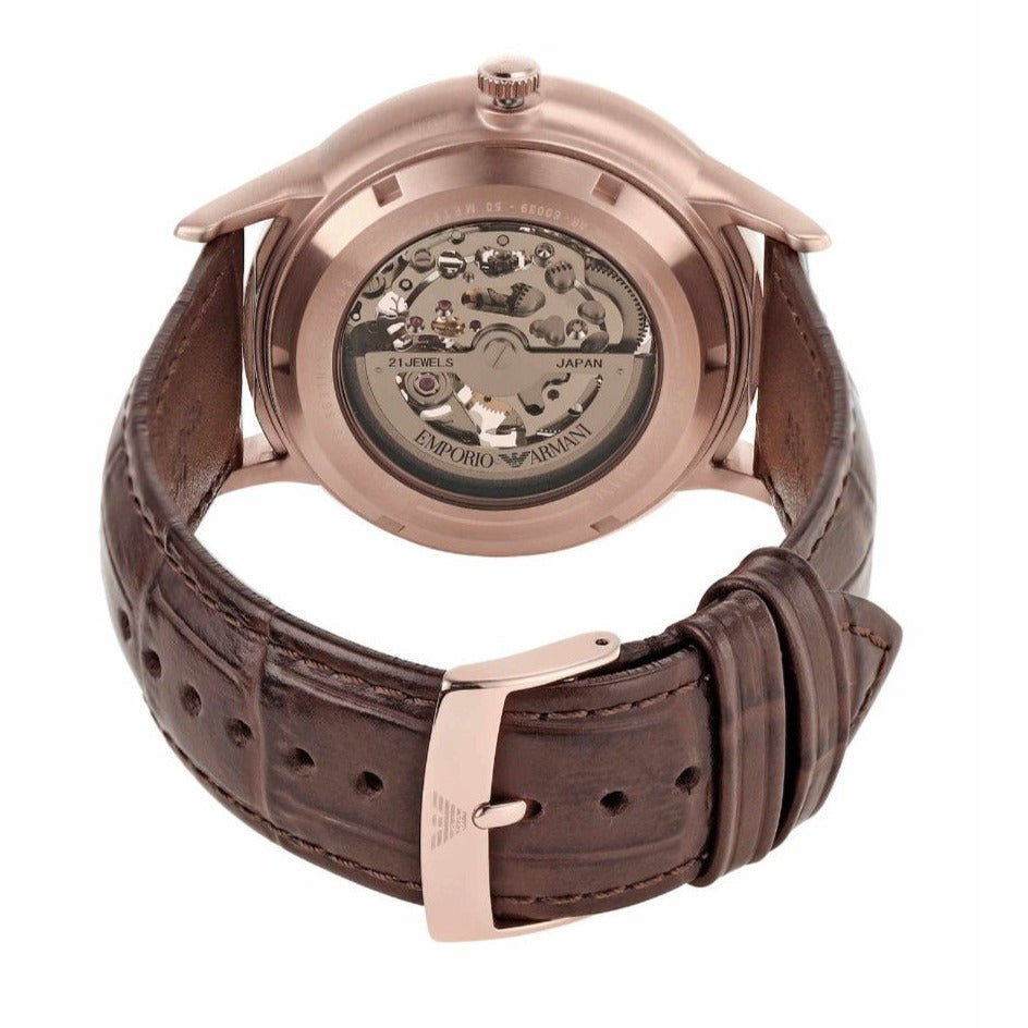  Shop Authentic Emporio Armani Meccanico Automatic Silver Dial Brown Leather Strap Watch For Men - AR60039 - Luxxuri