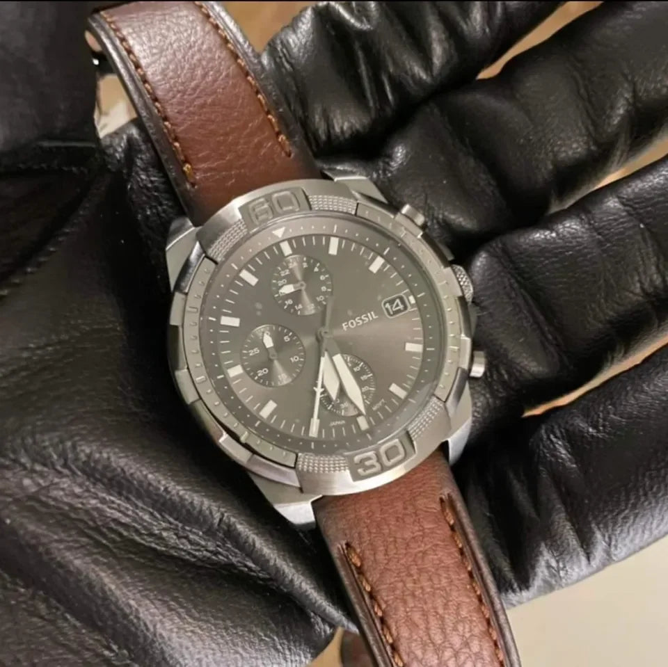  Shop Authentic Fossil Bronson Chronograph Grey Dial Brown Leather Strap Watch for Men - FS5855 - Luxxuri