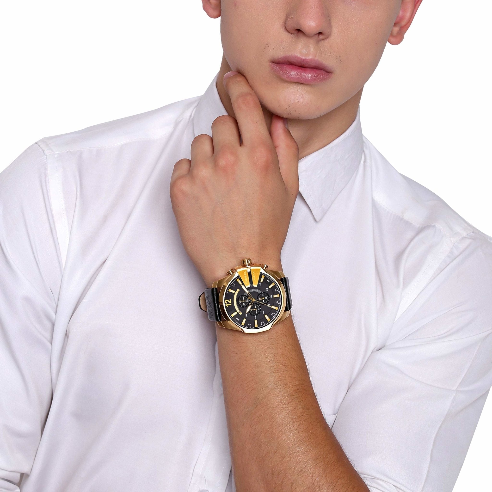  Shop Authentic Diesel Mega Chief Gold & Black Dial Black Leather Strap Watch For Men - DZ4344 - Luxxuri