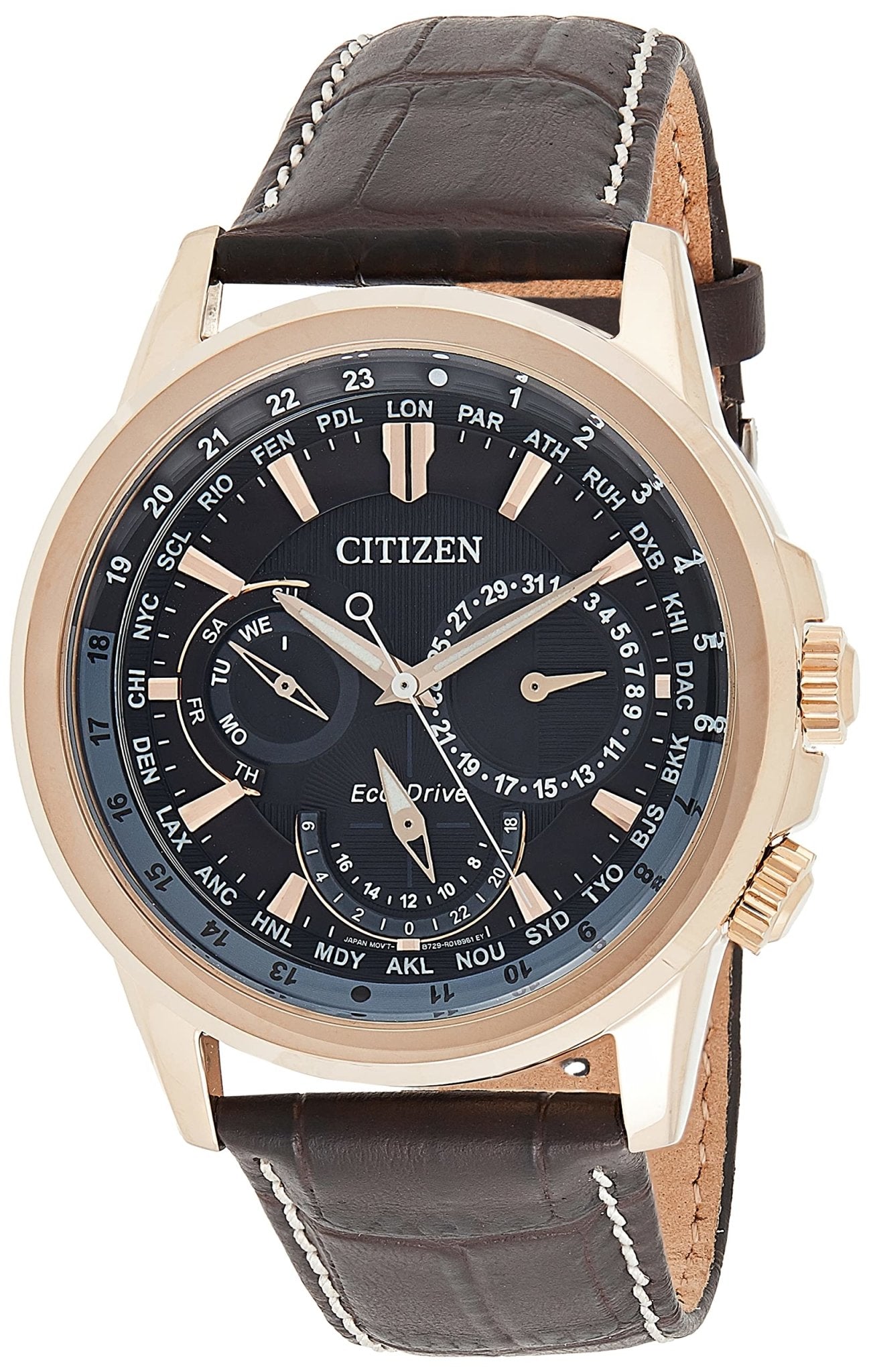  Shop Authentic Citizen Eco Drive Calendrier Black Dial Brown Leather StrapWatch For Men - BU2023-12E - Luxxuri