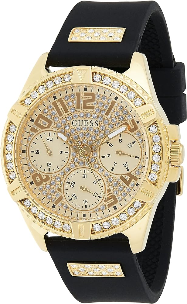  Shop Authentic Guess Frontier Diamonds Gold Dial Black Rubber Strap Watch For Women - W1160L1 - Luxxuri