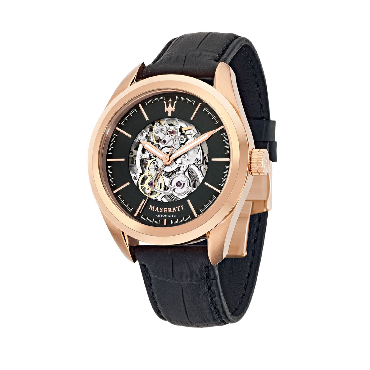  Shop Authentic Maserati Traguardo Automatic Black Skeleton Dial Black Leather Strap Watch For Men - R8821112001 - Luxxuri