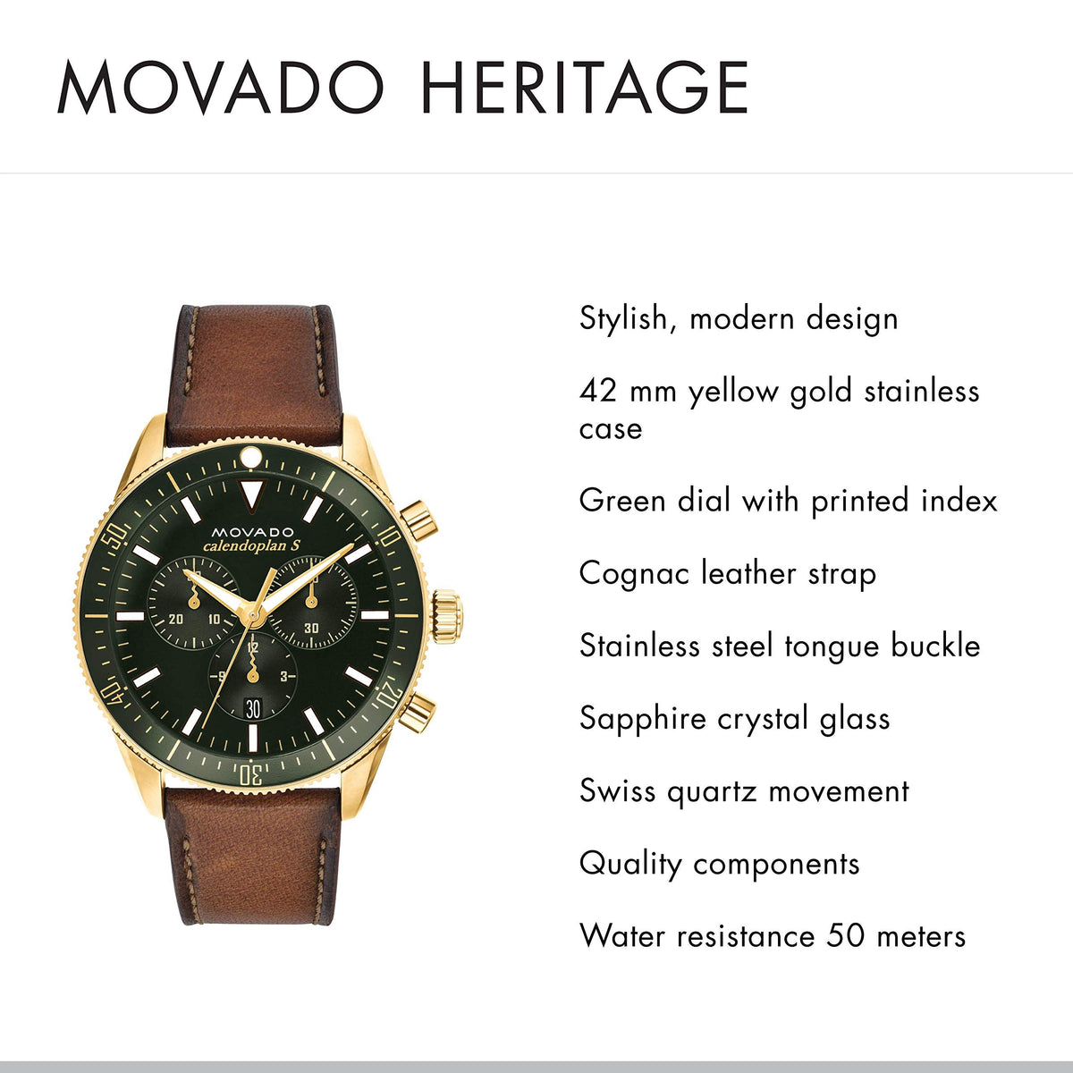  Shop Authentic Movado Heritage Chronograph Green Dial Brown Leather Strap Watch For Men - 3650062 - Luxxuri