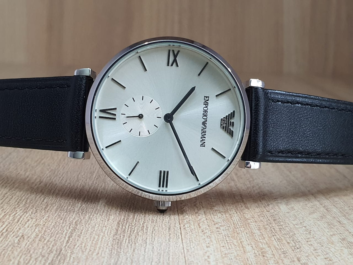  Shop Authentic Emporio Armani Retro Analog Quartz Silver Dial Black Leather Strap Watch For Men - AR1674 - Luxxuri