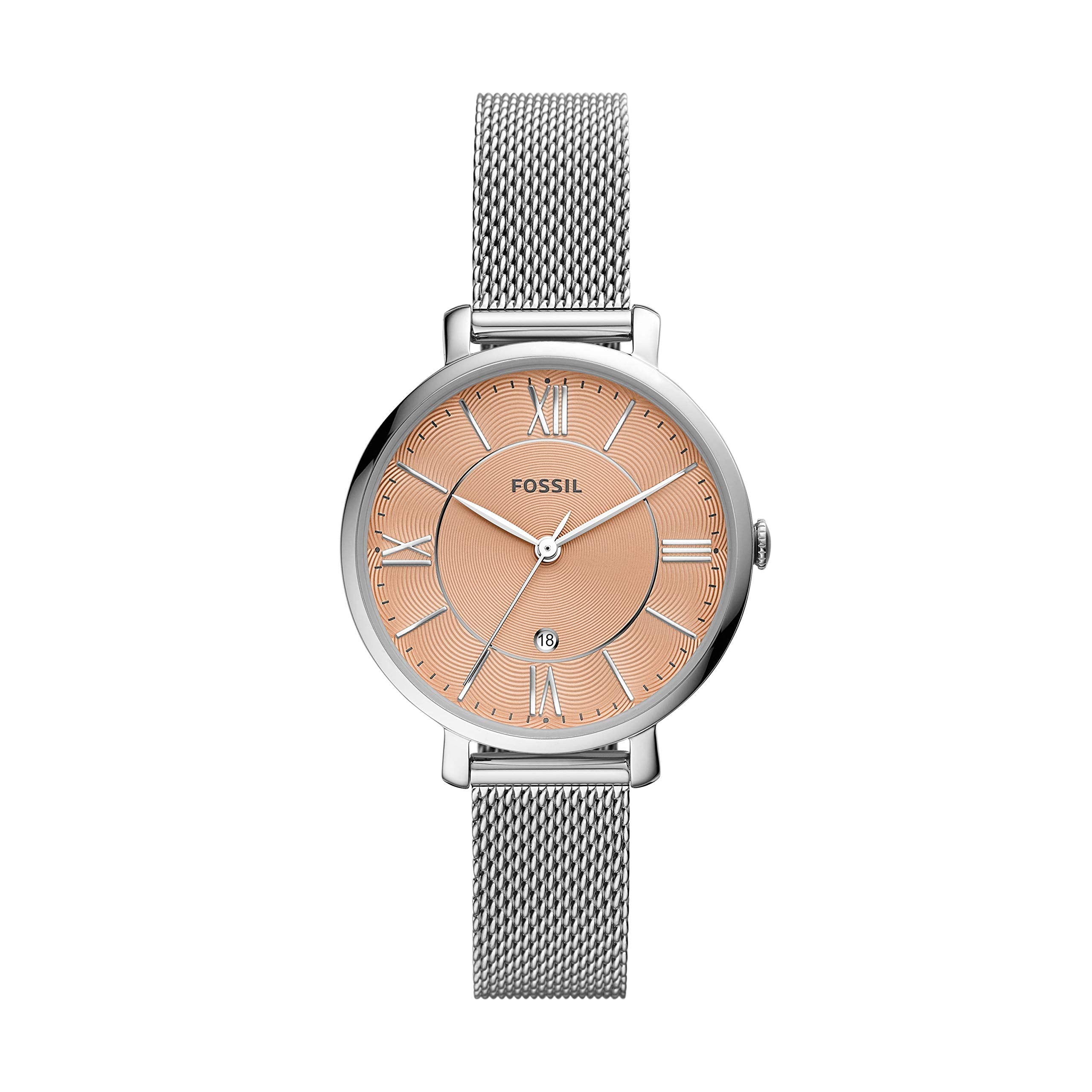  Shop Authentic Fossil Jacqueline Three Hand Pink Dial Silver Mesh Strap Watch for Women - ES5089 - Luxxuri