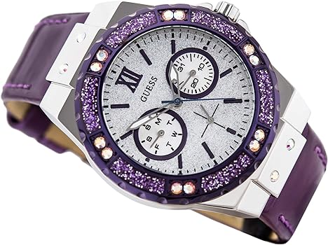  Shop Authentic Guess Limelight Quartz Silver Dial Purple Leather Strap Watch For Women - W0775L6 - Luxxuri