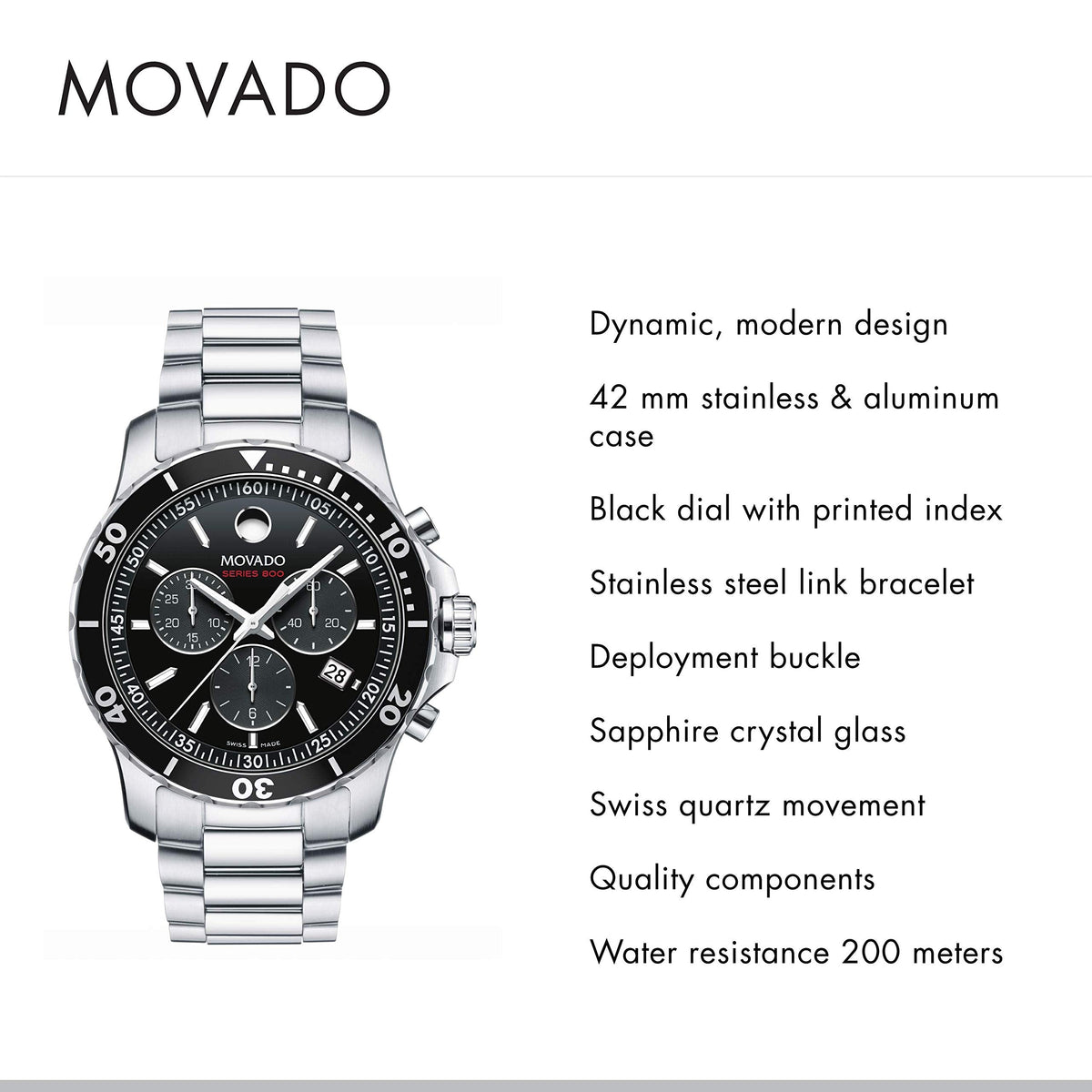  Shop Authentic Movado Series 800 Chronograph Black Dial Silver Steel Strap Watch For Men - 2600142 - Luxxuri