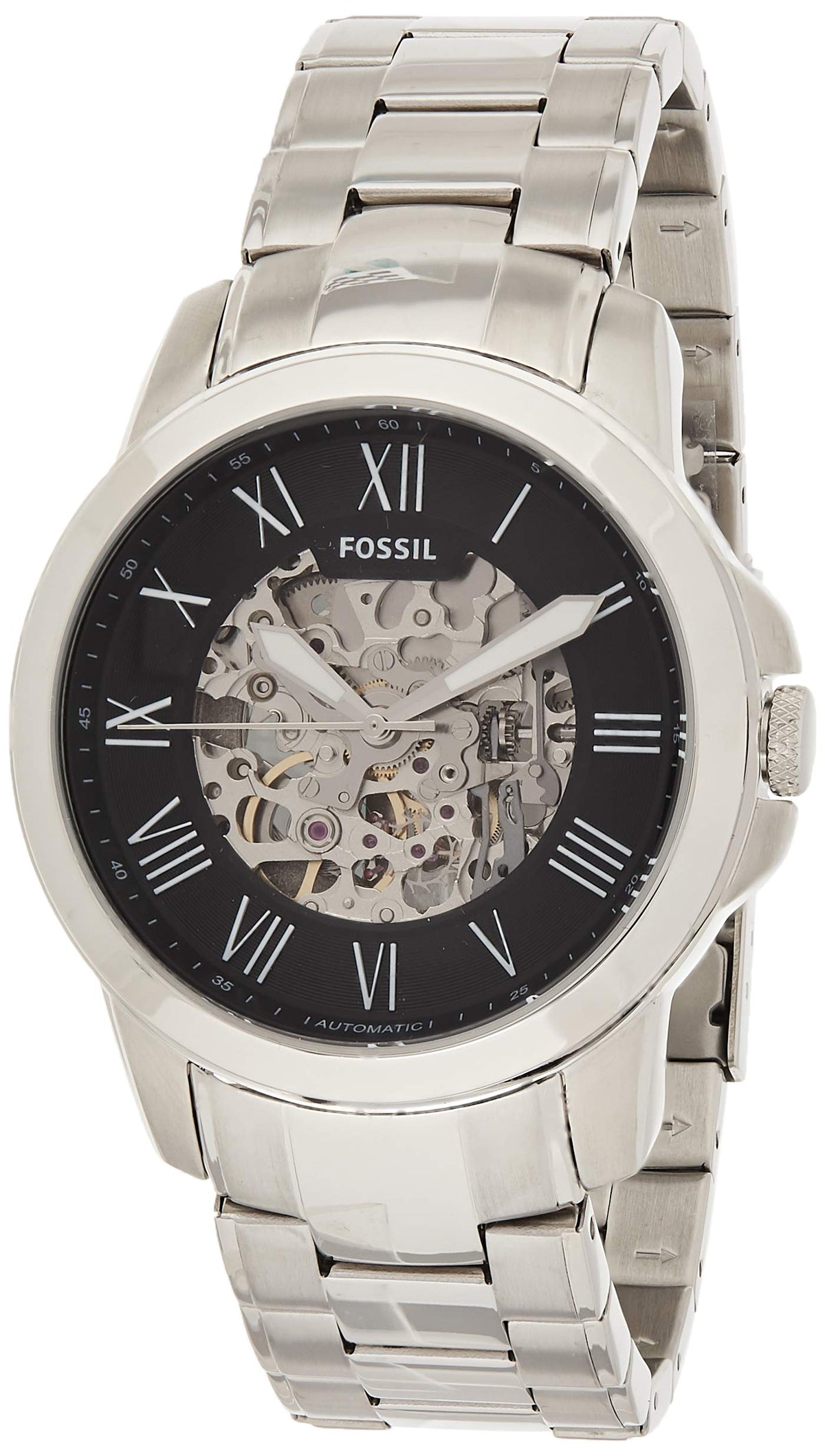  Shop Authentic Fossil Grant Automatic Skeleton Black Dial Silver Steel Strap Watch for Men - ME3103 - Luxxuri