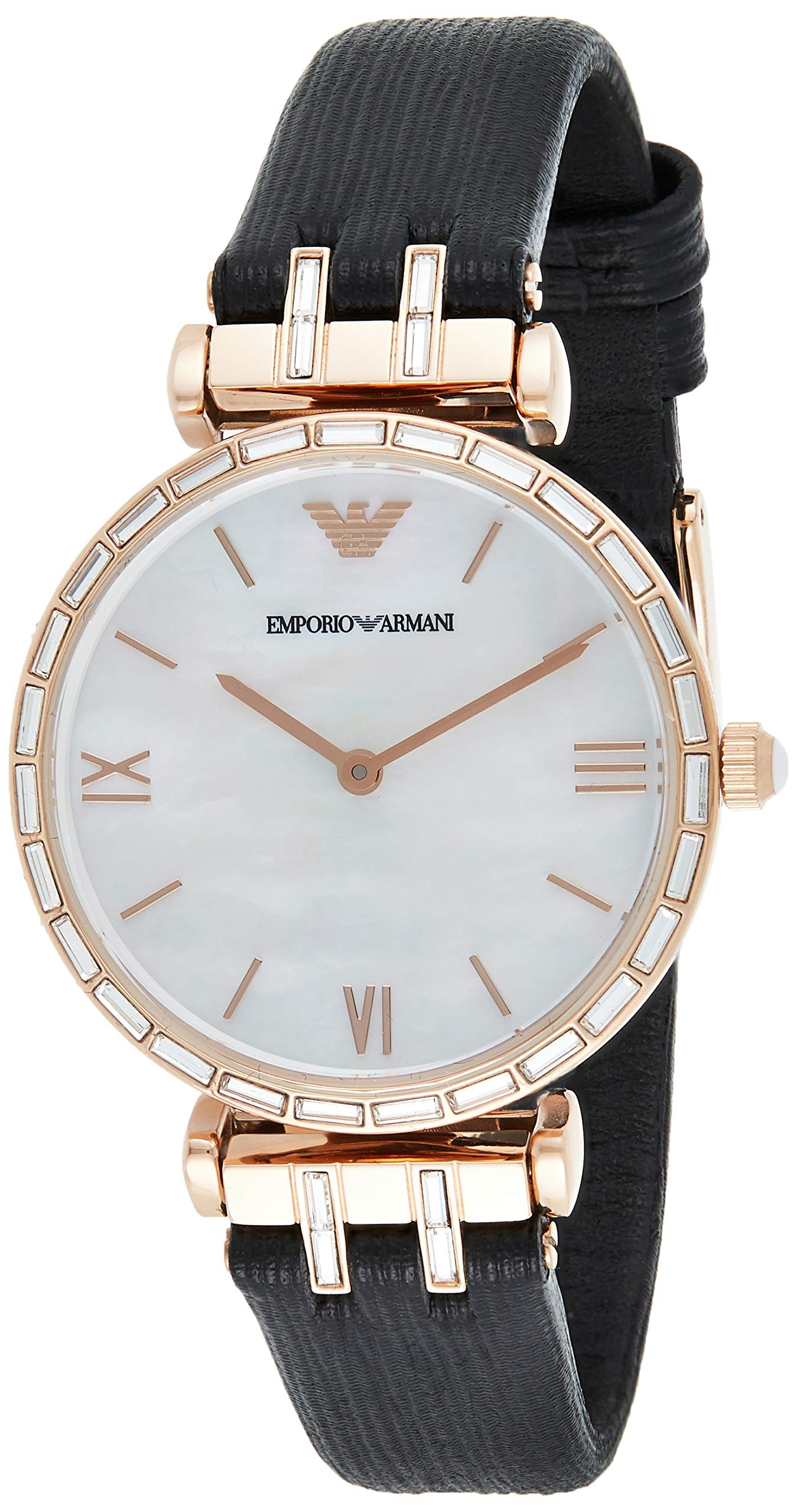  Shop Authentic Emporio Armani Gianni T-Bar Mother of Pearl Dial Black Leather Strap Watch For Women - AR11295 - Luxxuri