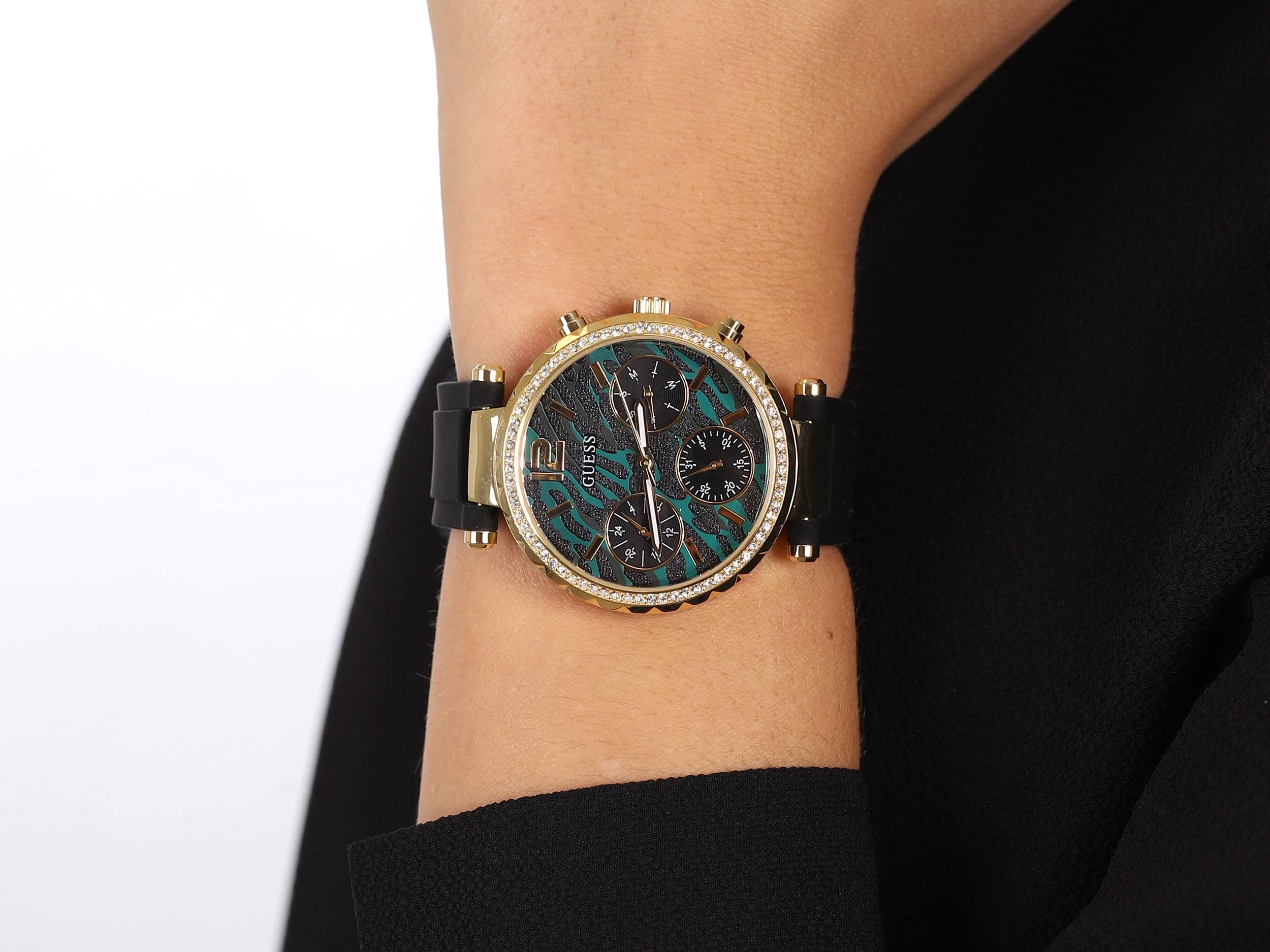 Shop Authentic Guess Solstice Green Dial Black Rubber Strap Watch for Women - GW0113L1 - Luxxuri