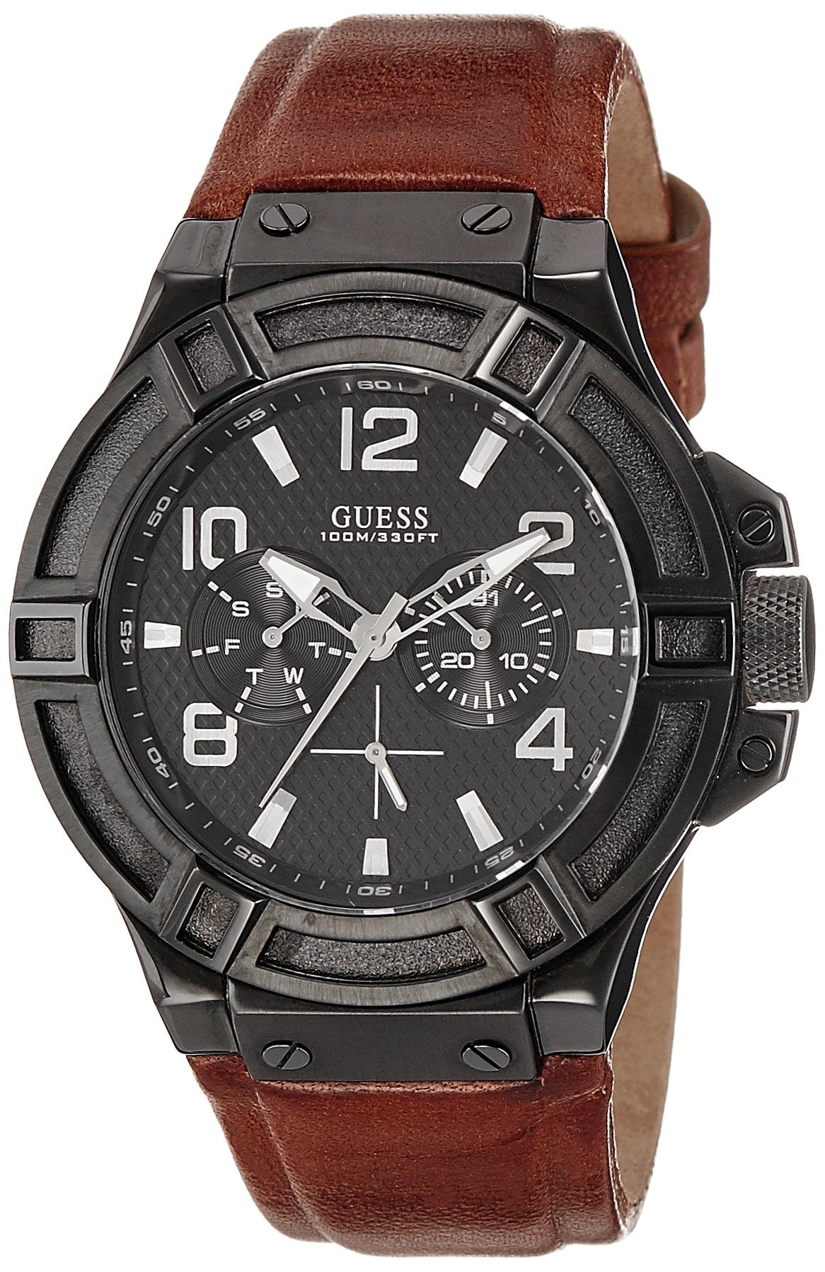  Shop Authentic Guess Rigor Analog Black Dial Brown Leather Strap Watch For Men - W0040G8 - Luxxuri