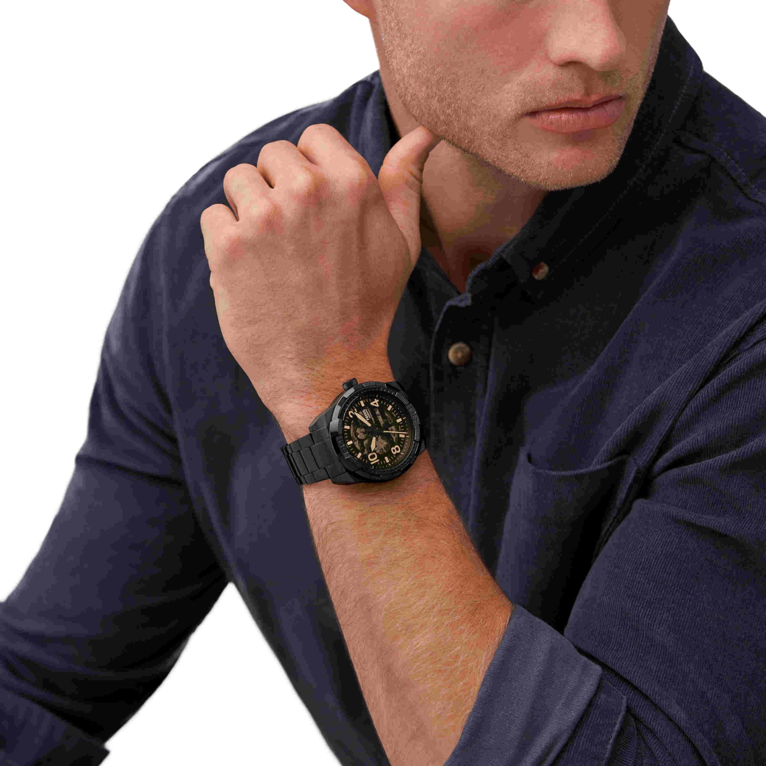  Shop Authentic Fossil Bronson Automatic Skeleton Black Dial Black Steel Strap Watch for Men - ME3256 - Luxxuri