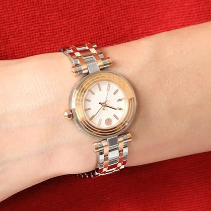 Tory Burch Classic T White Dial Two Tone Steel Strap Watch for Women - TBW9013