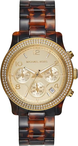  Shop Authentic Michael Kors Runway Chronograph Gold Dial Brown Acetate Strap Watch for Women - MK7475 - Luxxuri