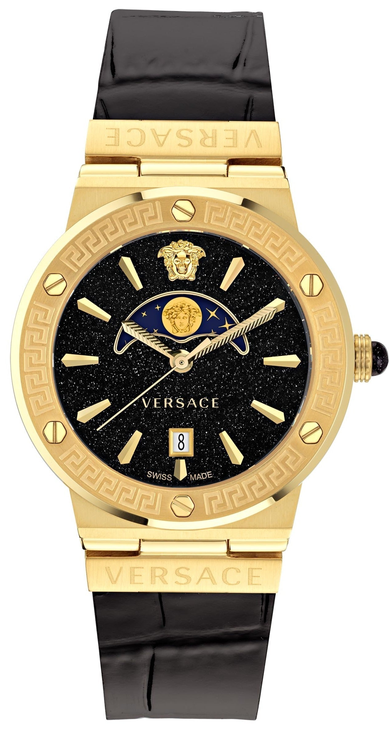  Shop Authentic Versace Greca Moonphase Analog Black Dial Black Leather Strap Watch For Men - VE7G00123 - Luxxuri