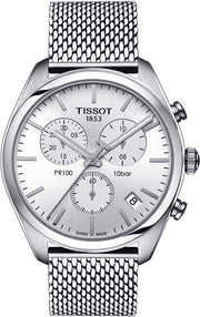  Shop Authentic Tissot PR 100 Chronograph White Dial Silver Mesh Bracelet Watch For Men - T101.417.11.031.02 - Luxxuri