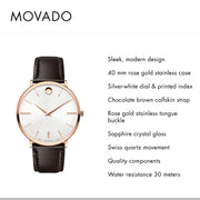  Shop Authentic Movado Ultra Slim White Dial Brown Leather Strap Watch For Men - 0607089 - Luxxuri