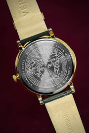  Shop Authentic Versace V-Circle Manifesto Gold Dial Black Leather Strap Watch for Men - VBQ030017 - Luxxuri