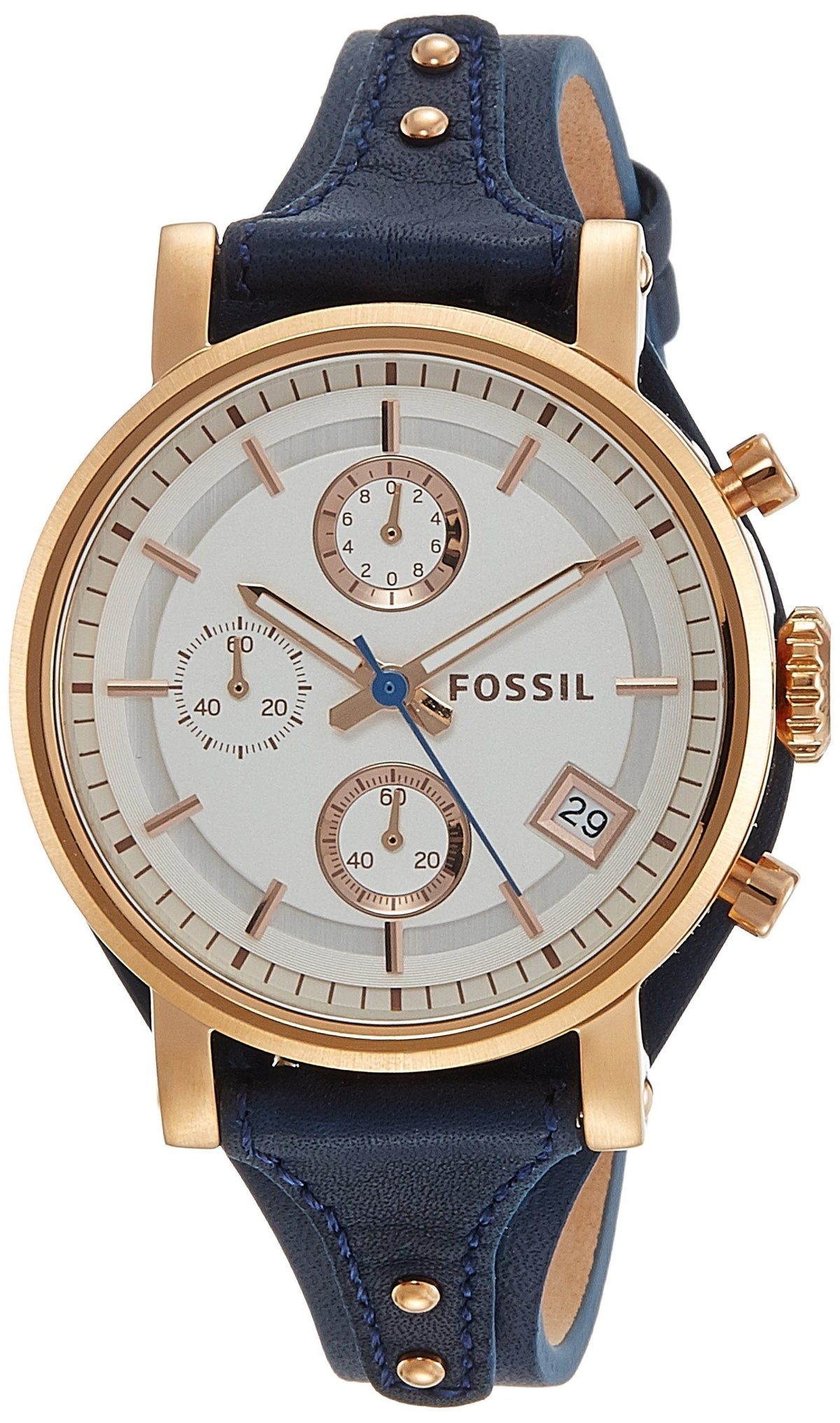  Shop Authentic Fossil Original Boyfriend Chronograph White Dial Navy Blue Leather Strap Watch for Women - ES3838 - Luxxuri