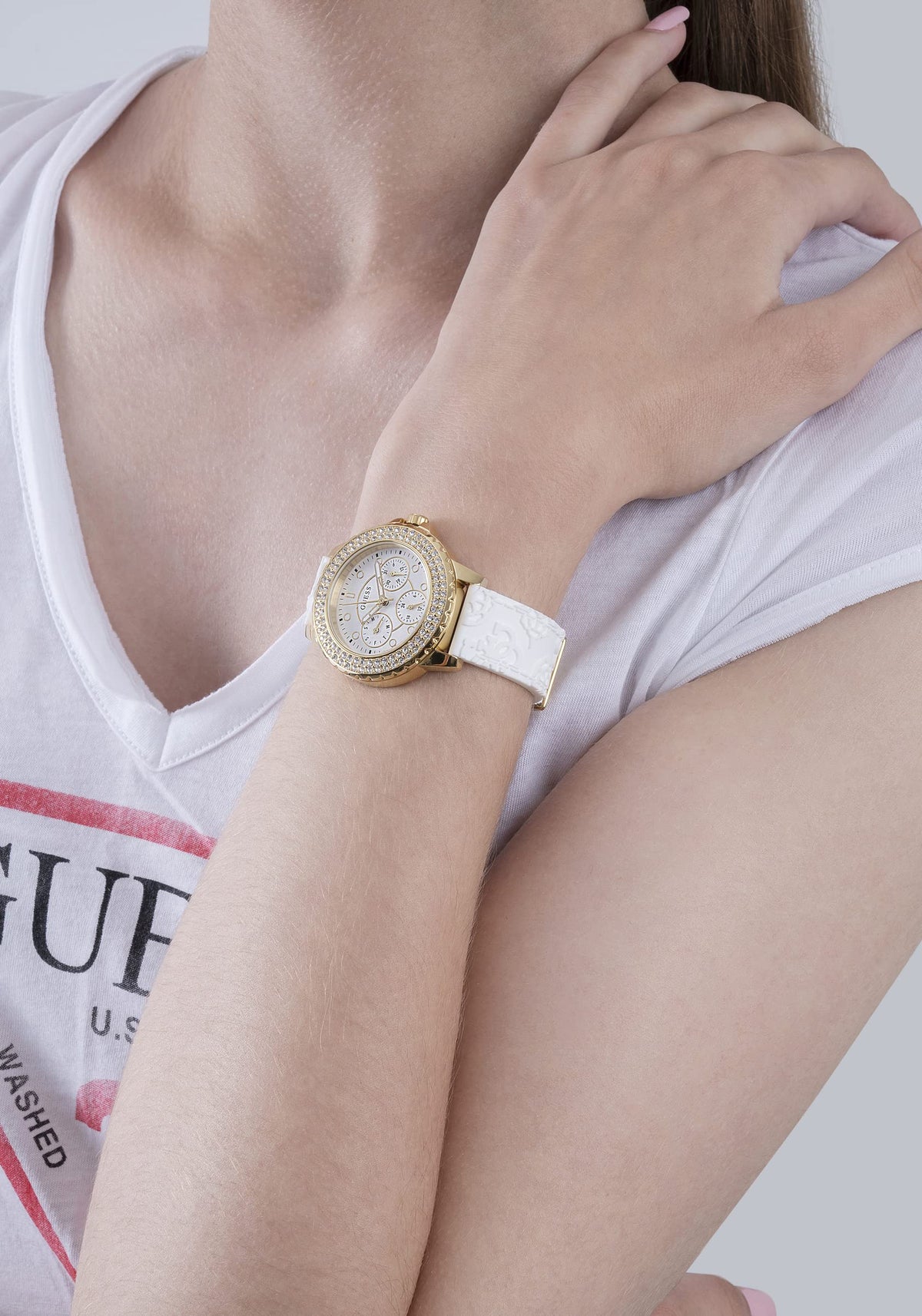  Shop Authentic Guess Crown Jewel Multifunction Diamonds White Dial White Leather Strap Watch for Women - GW0411L1 - Luxxuri