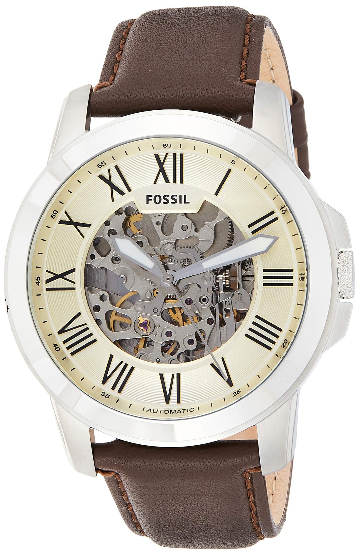  Shop Authentic Fossil Grant Automatic White Dial Brown Leather Strap Watch for Men - ME3052 - Luxxuri