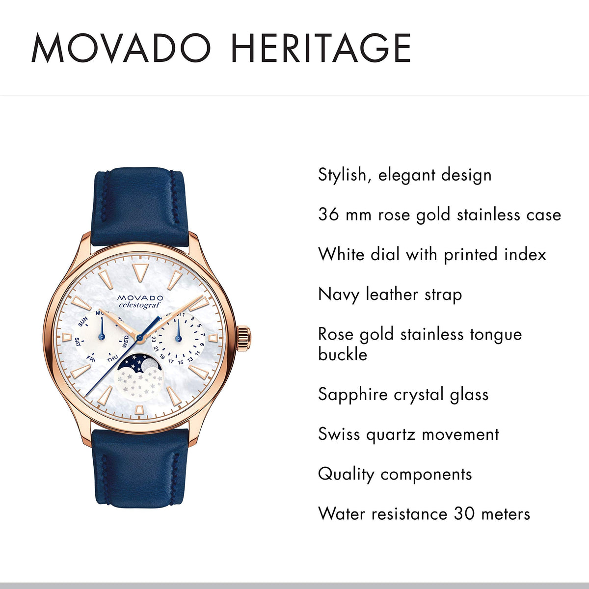  Shop Authentic Movado Heritage Celestograf White Mother of Pearl Dial Blue Leather Strap Watch For Women - 3650011 - Luxxuri