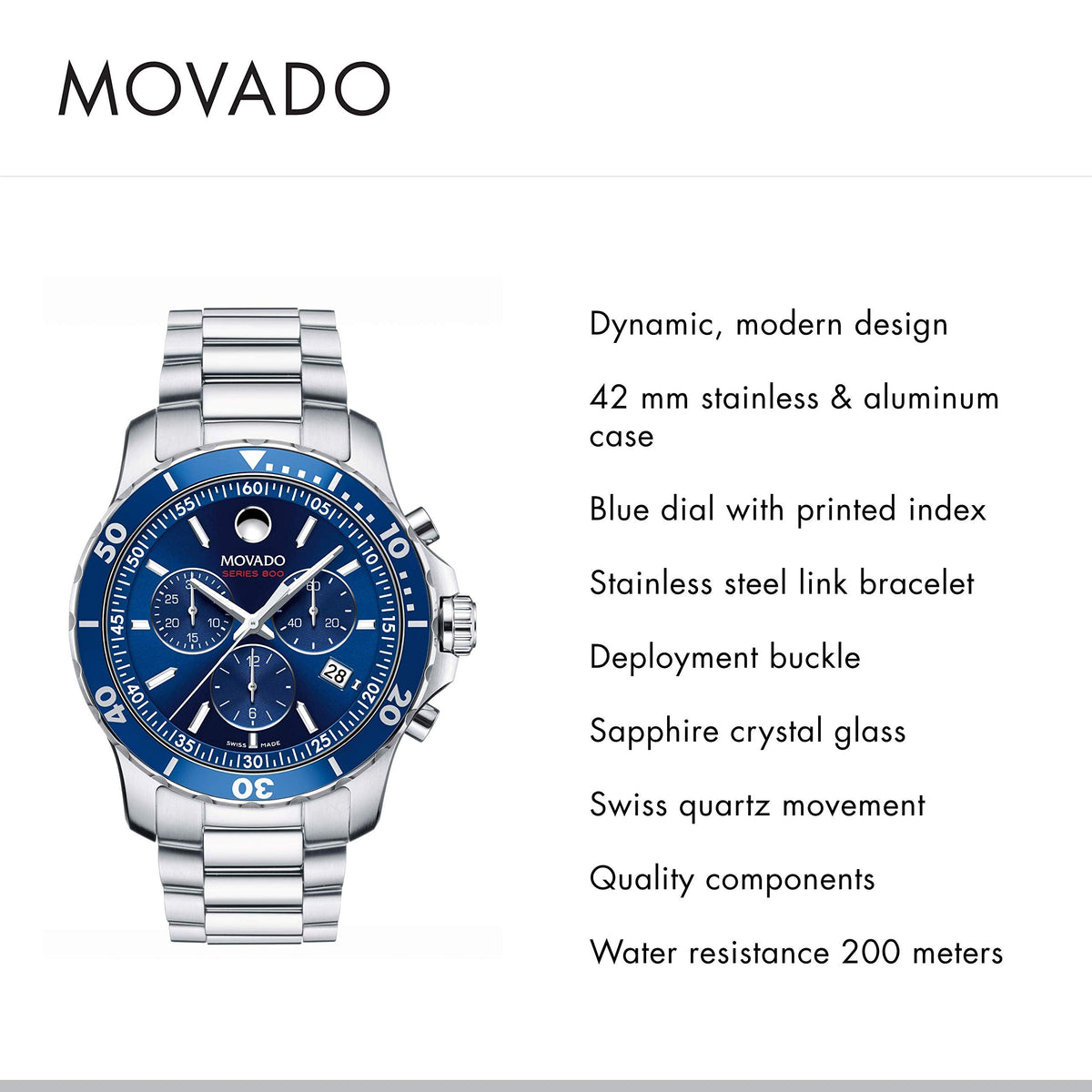  Shop Authentic Movado Series 800 Chronograph Blue Dial Silver Steel Strap Watch For Men - 2600141 - Luxxuri