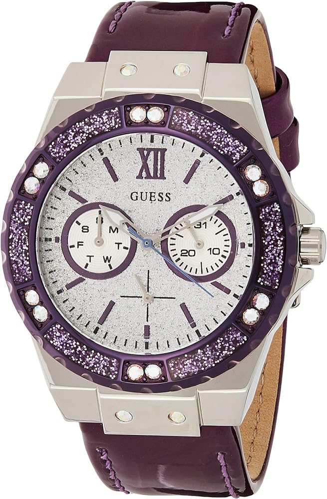  Shop Authentic Guess Limelight Quartz Silver Dial Purple Leather Strap Watch For Women - W0775L6 - Luxxuri