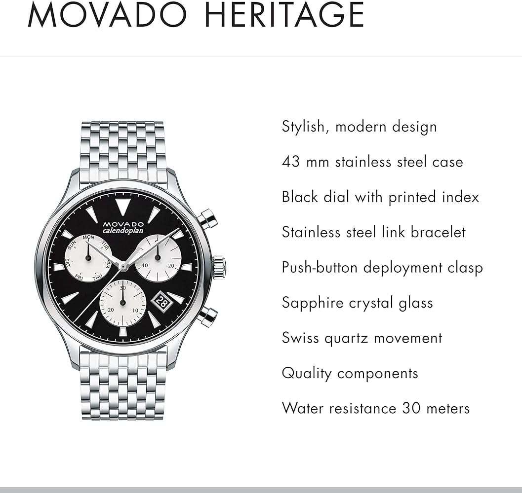  Shop Authentic Movado Heritage Calendoplan Chronograph Black Dial Silver Steel Strap Watch for Men - 3650014 - Luxxuri