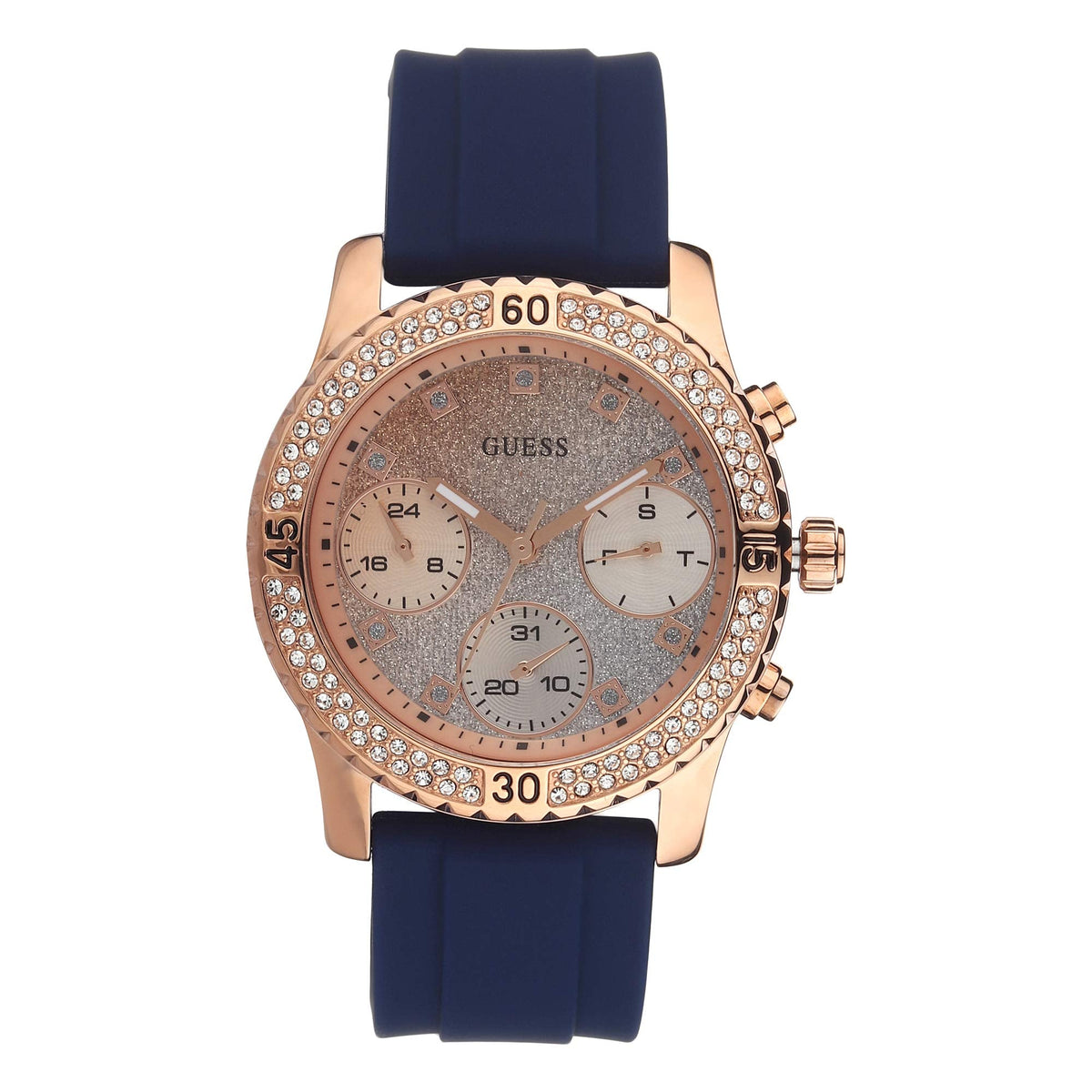  Shop Authentic Guess Confetti Diamonds Gold Dial Blue Rubber Strap Watch For Women - W1098L6 - Luxxuri