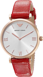  Shop Authentic Emporio Armani Gianni T Bar Silver Dial Red Leather Strap Watch For Women - AR1876 - Luxxuri