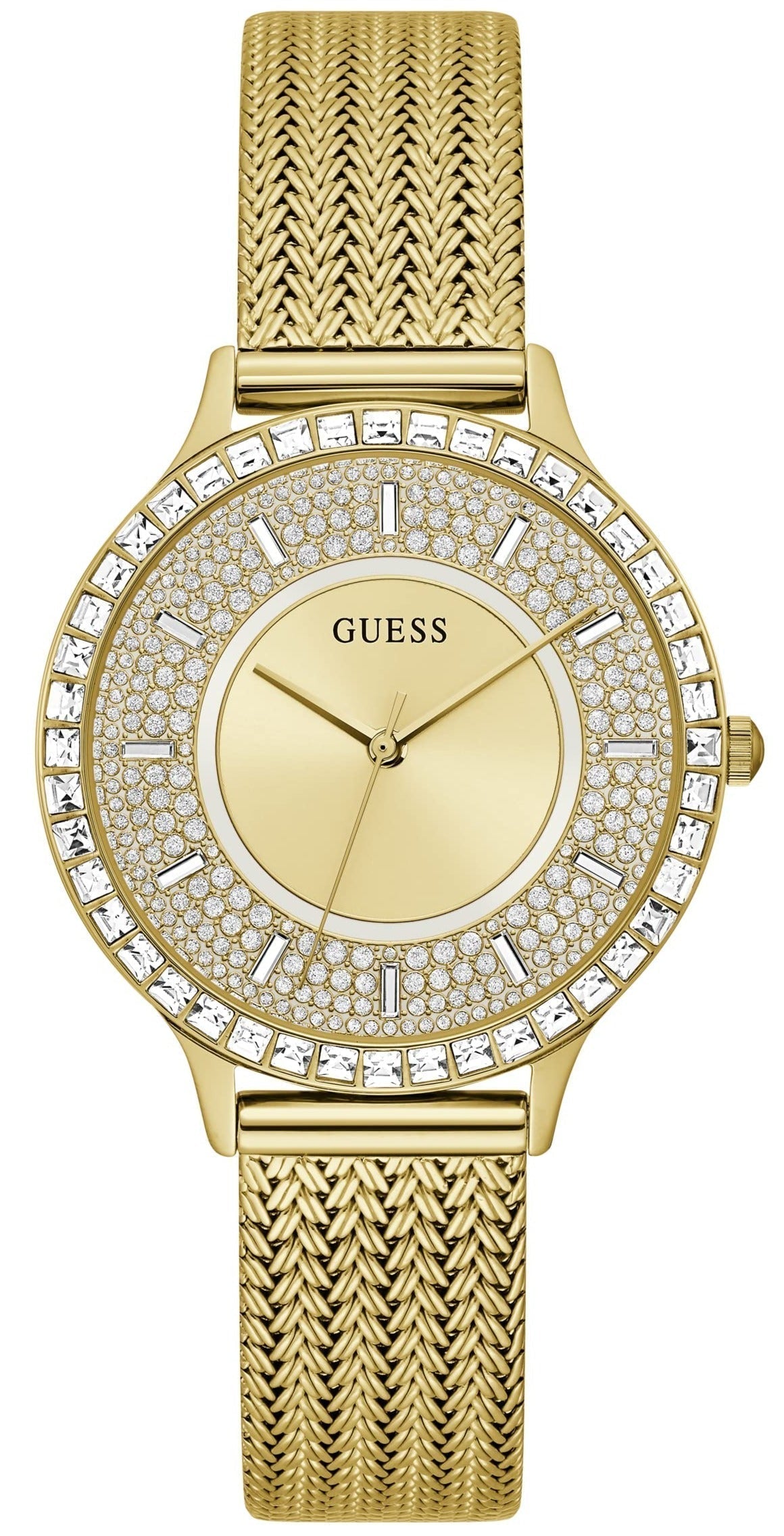 Shop Authentic Guess Soiree Diamonds Gold Dial Gold Mesh Bracelet Watch for Women - GW0402L2 - Luxxuri