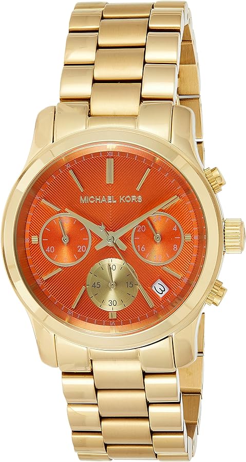  Shop Authentic Michael Kors Runway Chronograph Orange Dial Gold Steep Strap Watch For Women - MK6162 - Luxxuri