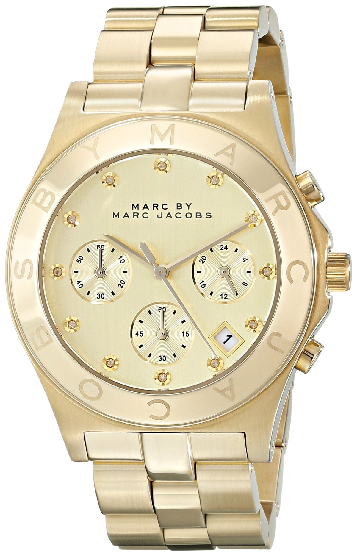  Shop Authentic Marc Jacobs Blade Chronograph Gold Dial Gold Steel Strap Watch for Women - MBM3101 - Luxxuri