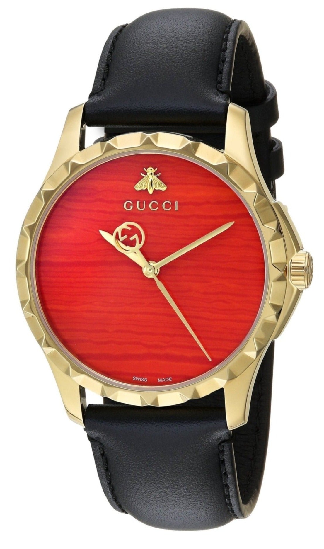  Shop Authentic Gucci G Timeless Coral Red Dial Black Leather Strap Watch For Men - YA126464 - Luxxuri