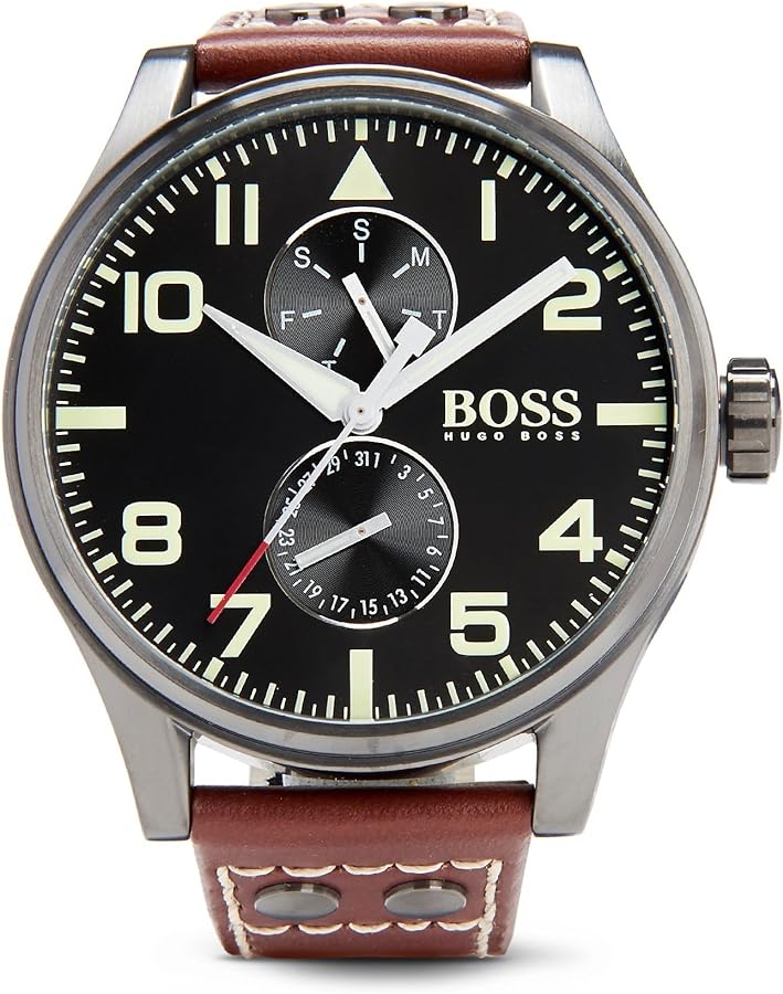  Shop Authentic Hugo Boss Aeroliner Day Date Black Dial Brown Leather Strap Watch For Men - HB1513079 - Luxxuri