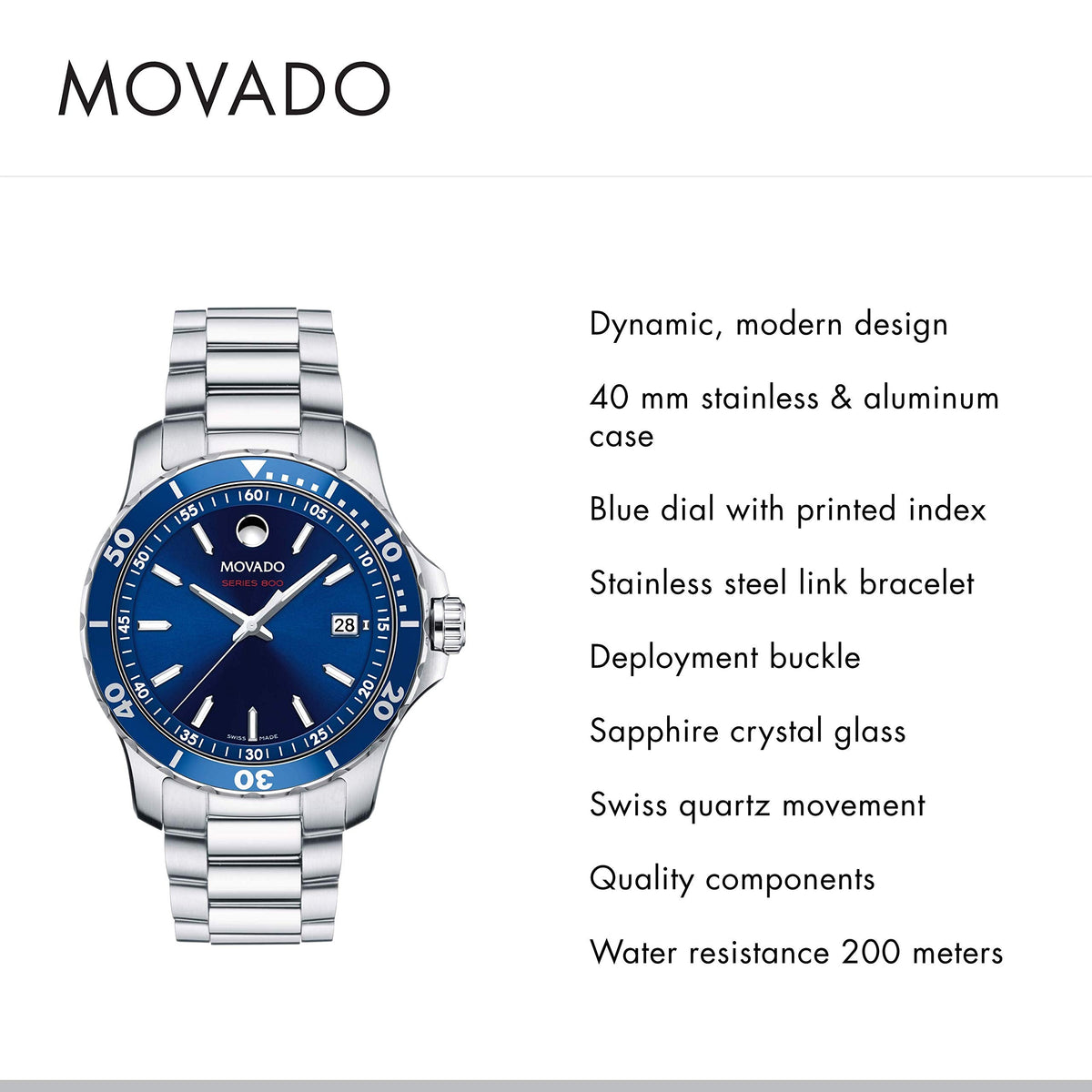  Shop Authentic Movado Series 800 Blue Dial Silver Steel Strap Watch For Men - 2600137 - Luxxuri