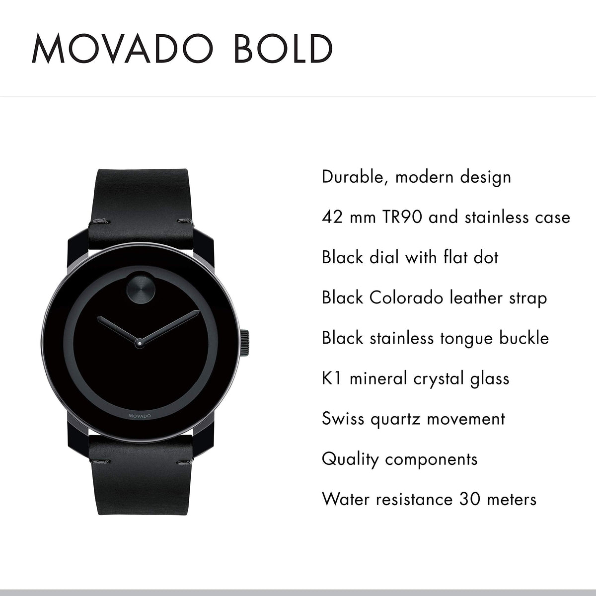 Shop Authentic Movado Bold Black Dial Black Leather Strap Watch For Men - 3600306 - Luxxuri