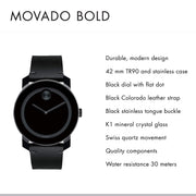  Shop Authentic Movado Bold Black Dial Black Leather Strap Watch For Men - 3600306 - Luxxuri