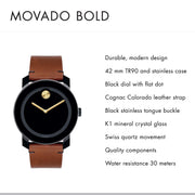  Shop Authentic Movado Bold Black Dial Brown Leather Strap Watch For Men - 3600305 - Luxxuri