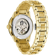 Shop Authentic Bulova BVA Skeleton Silver Dial Gold Steel Strap Watch for Men - 97A108 - Luxxuri