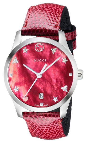  Shop Authentic Gucci G-Timeless Mother of Pearl Red Dial Red Leather Strap Watch For Women - YA1264041 - Luxxuri