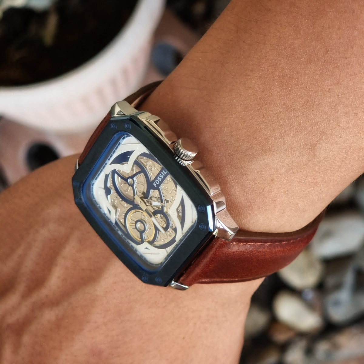  Shop Authentic Fossil Inscription Automatic Skeleton Blue Dial Brown Leather Strap Watch for Men - BQ2571 - Luxxuri