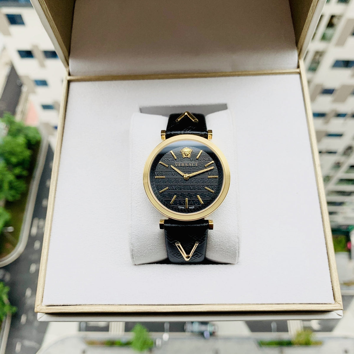  Shop Authentic Versace V-Twist Black Dial Black Leather Strap Watch for Women - VELS00619 - Luxxuri