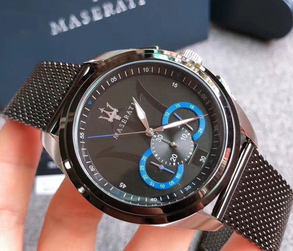  Shop Authentic Maserati Traguardo Chronograph Black Dial Mesh Bracelet Watch For Men - R8873612006 - Luxxuri